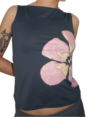 Sleeveless Navy Floral Graphic Tank Top - Pink Accent